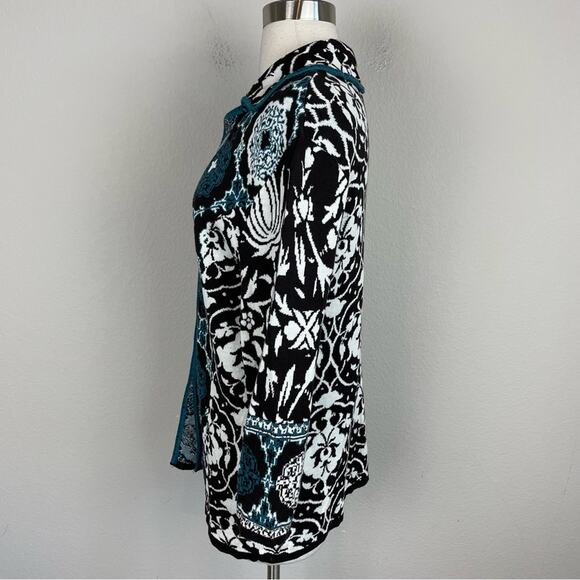 Chico's Green White Black Floral One Button Silk Cotton Cardigan 2 - Picture 6 of 8